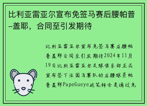 比利亚雷亚尔宣布免签马赛后腰帕普-盖耶，合同至引发期待